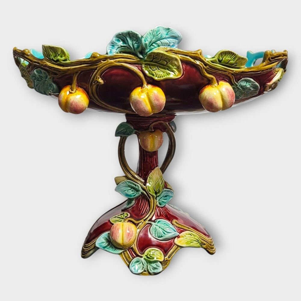 Antique Wilhelm Schiller and Sons WS&S Majolica Pedestal Bowl Compote Burgundy